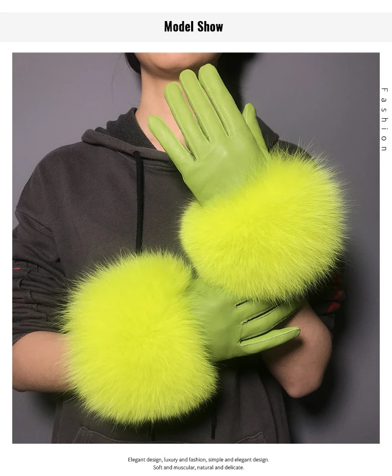 Jxwatcher Wholesale Fox Fur Gloves Winter Female Luxury Style Warm Sheepskin Genuine Leather Gloves Driving Thickening Mitten