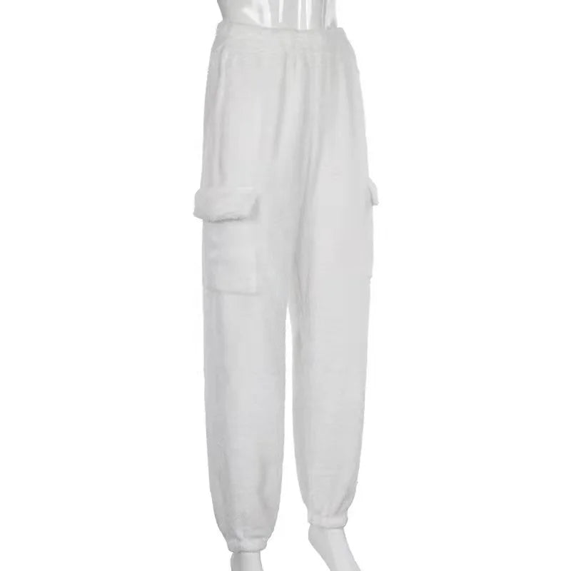 Fashion Sweat Suits 2 Piece Sets Women Outfits Casual Sportwear Sweatshirt+Sweatpants White Plush Warm Lapel Zipper Cardigan