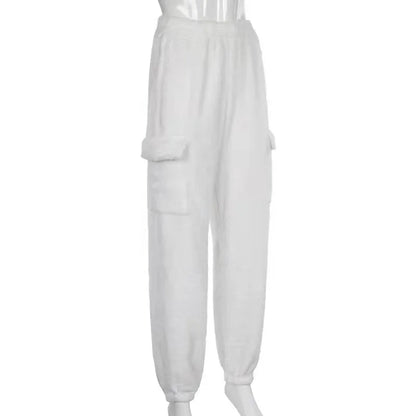 Fashion Sweat Suits 2 Piece Sets Women Outfits Casual Sportwear Sweatshirt+Sweatpants White Plush Warm Lapel Zipper Cardigan