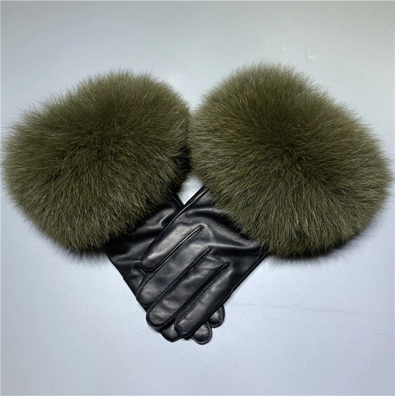 Jxwatcher Wholesale Fox Fur Gloves Winter Female Luxury Style Warm Sheepskin Genuine Leather Gloves Driving Thickening Mitten