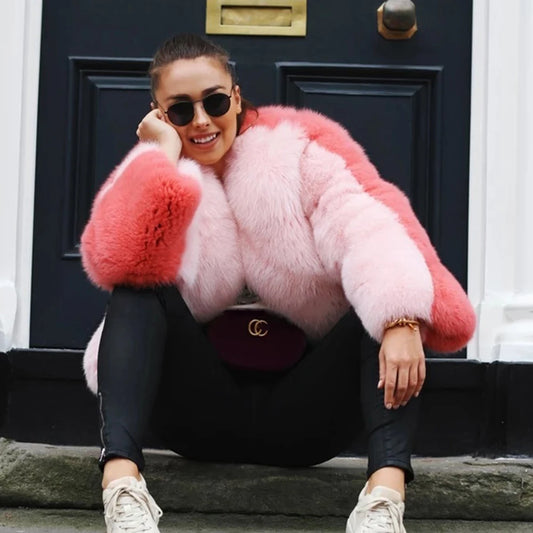 2021 Winter Women Sweet Pink Patchwork Fur Coat Luxury Design Trendy Faux Fur Jacket Female Warm Outerwear Exclusive Customized