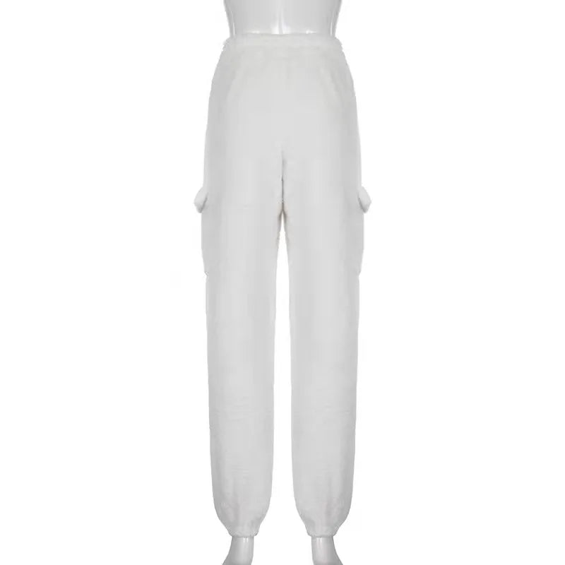 Fashion Sweat Suits 2 Piece Sets Women Outfits Casual Sportwear Sweatshirt+Sweatpants White Plush Warm Lapel Zipper Cardigan
