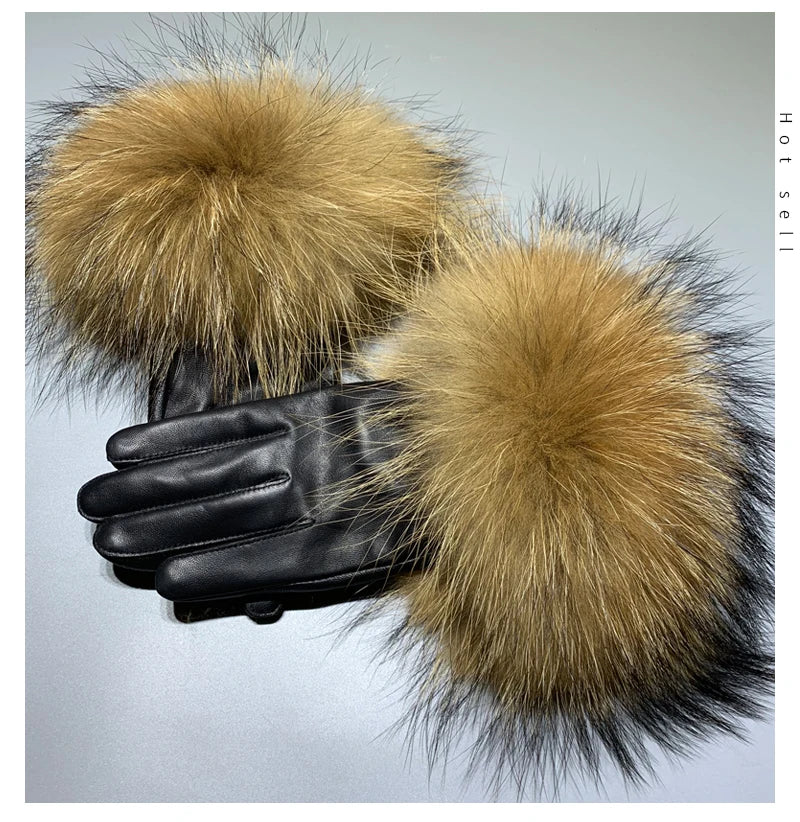 Jxwatcher Wholesale Fox Fur Gloves Winter Female Luxury Style Warm Sheepskin Genuine Leather Gloves Driving Thickening Mitten