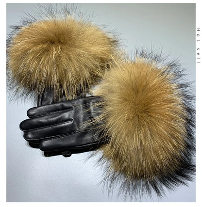 Jxwatcher Wholesale Fox Fur Gloves Winter Female Luxury Style Warm Sheepskin Genuine Leather Gloves Driving Thickening Mitten
