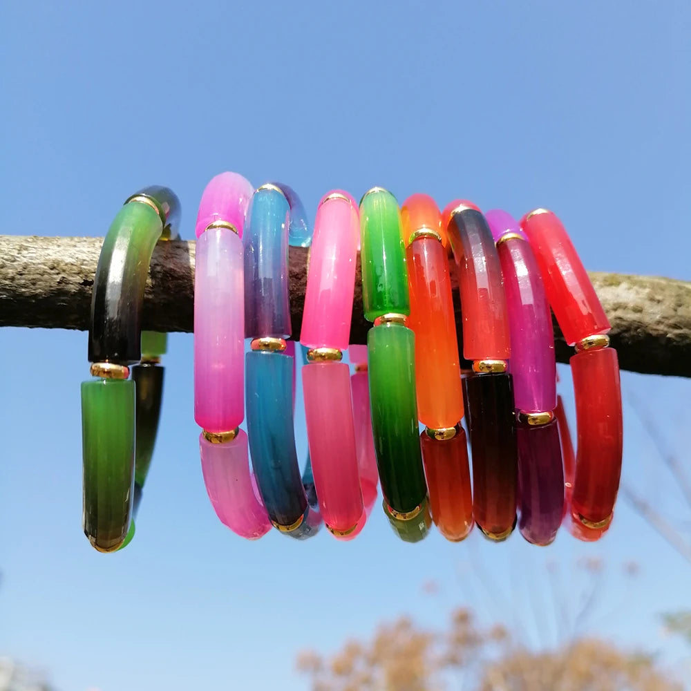 Trendy Resin Geometric Beaded Bracelets on Hand Acrylic Bamboo Tube Bangles Bracelets For Women Fashion Jewelry Valentines Gift