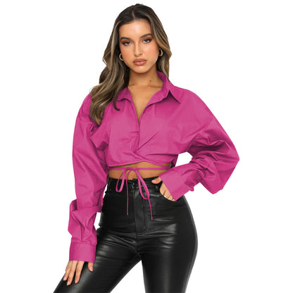 Summer New Long-Sleeved Short Loose Solid Color Cardigan Strappy Lapel Single-Breasted Urban Casual Fashion Shirt