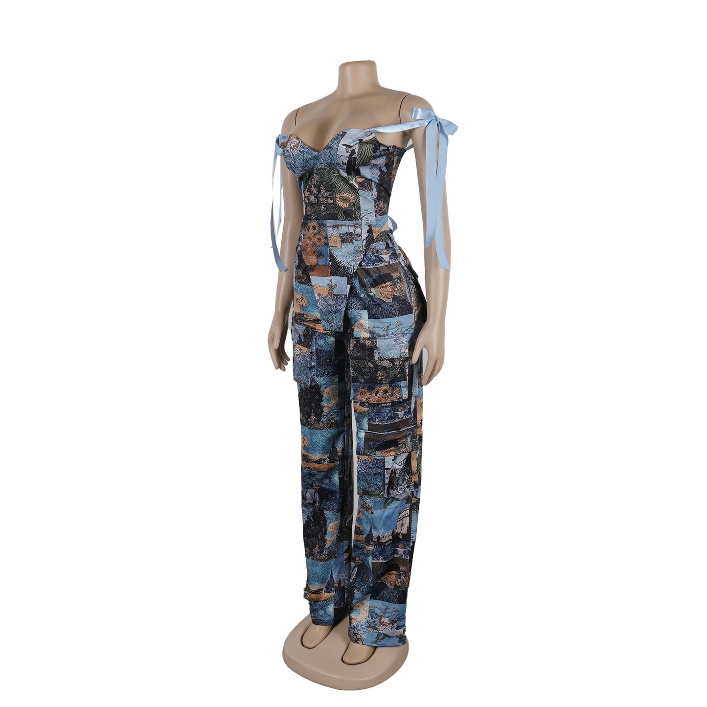CM.YAYA Oil Painting Printed Women's Set Lace Up Back Crop Top and Pants Suit 2024 Fall Winter Two 2 Piece Sets Outfit Tracksuit
