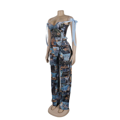 CM.YAYA Oil Painting Printed Women's Set Lace Up Back Crop Top and Pants Suit 2024 Fall Winter Two 2 Piece Sets Outfit Tracksuit