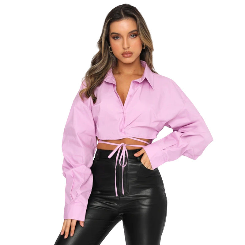 Summer New Long-Sleeved Short Loose Solid Color Cardigan Strappy Lapel Single-Breasted Urban Casual Fashion Shirt