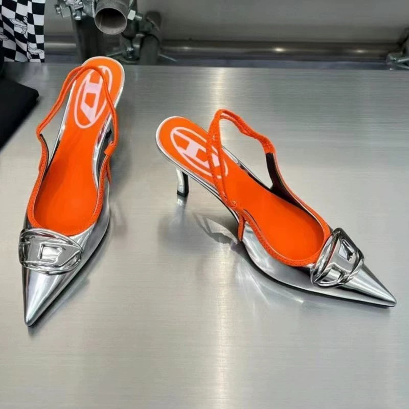 Silver High Heels 2025 New Arrival Classy Retro French Pointed Stiletto Heel Fashion Catwalk Denim Closed Toe Sandals for Women
