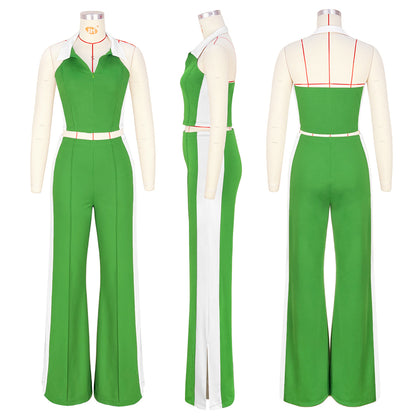 CM.YAYA Sporty Patchwork Women's Set Sleeveless Polo-tank Tops and Slit Flare Pants 2025 Active Two 2 Piece Set Outfit Tracksuit