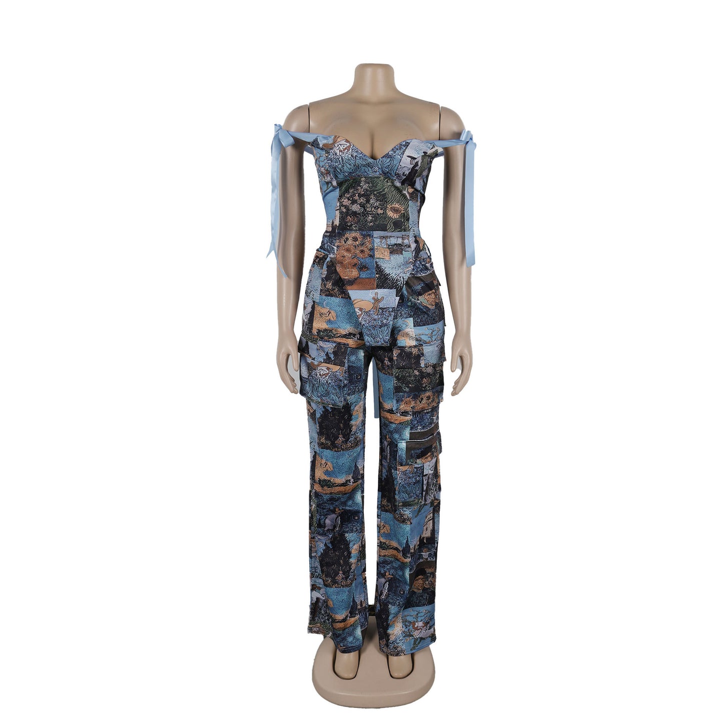 CM.YAYA Oil Painting Printed Women's Set Lace Up Back Crop Top and Pants Suit 2024 Fall Winter Two 2 Piece Sets Outfit Tracksuit