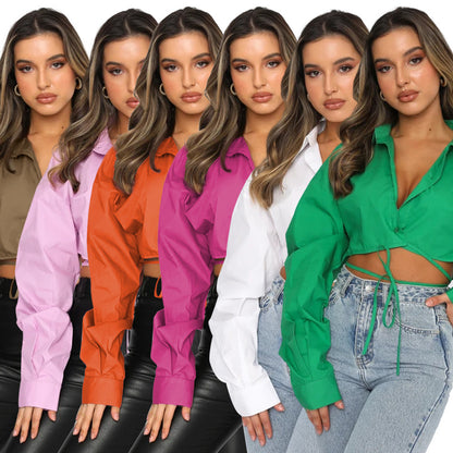 Summer New Long-Sleeved Short Loose Solid Color Cardigan Strappy Lapel Single-Breasted Urban Casual Fashion Shirt