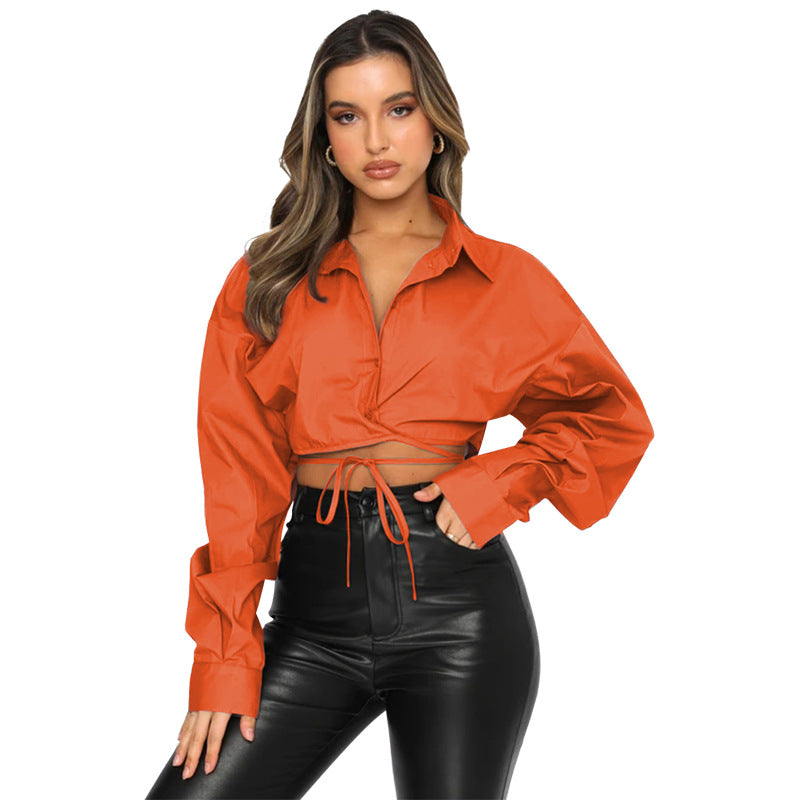 Summer New Long-Sleeved Short Loose Solid Color Cardigan Strappy Lapel Single-Breasted Urban Casual Fashion Shirt