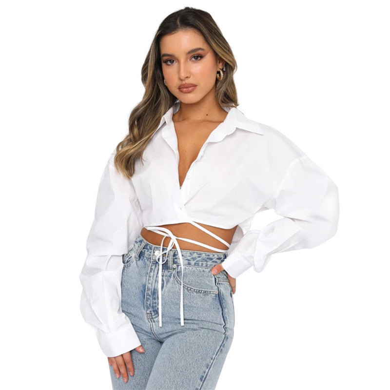 Summer New Long-Sleeved Short Loose Solid Color Cardigan Strappy Lapel Single-Breasted Urban Casual Fashion Shirt