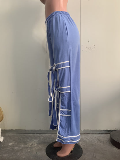 CM.YAYA Fashion Women Striped Patchwork Bowknot Split Wide Leg Jogger Pants 2025 Summer Active Sporty Classic Trousers