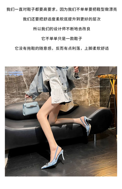 Silver High Heels 2025 New Arrival Classy Retro French Pointed Stiletto Heel Fashion Catwalk Denim Closed Toe Sandals for Women