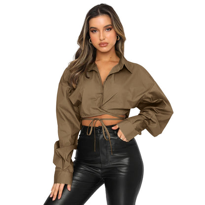 Summer New Long-Sleeved Short Loose Solid Color Cardigan Strappy Lapel Single-Breasted Urban Casual Fashion Shirt