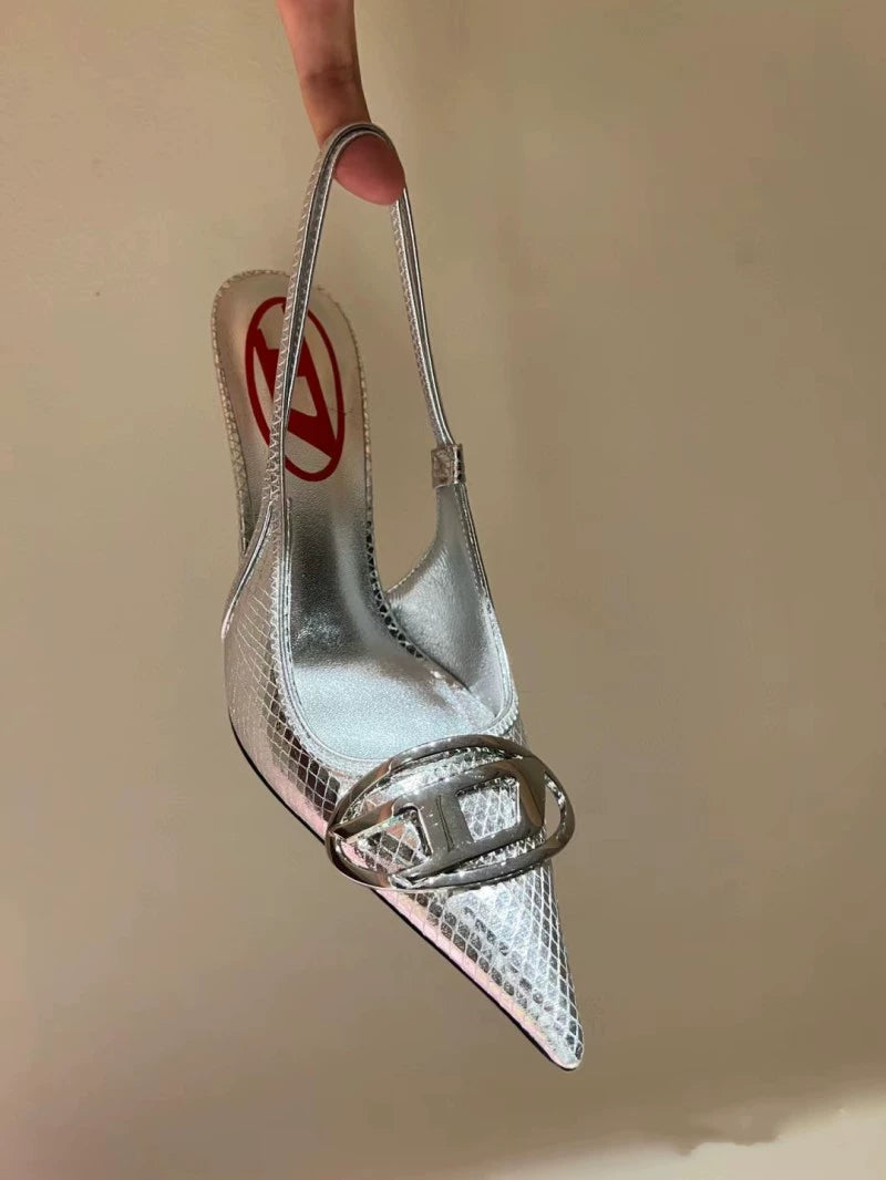 Silver High Heels 2025 New Arrival Classy Retro French Pointed Stiletto Heel Fashion Catwalk Denim Closed Toe Sandals for Women