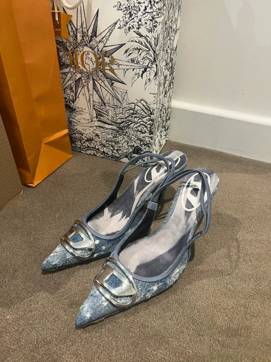 Silver High Heels 2025 New Arrival Classy Retro French Pointed Stiletto Heel Fashion Catwalk Denim Closed Toe Sandals for Women