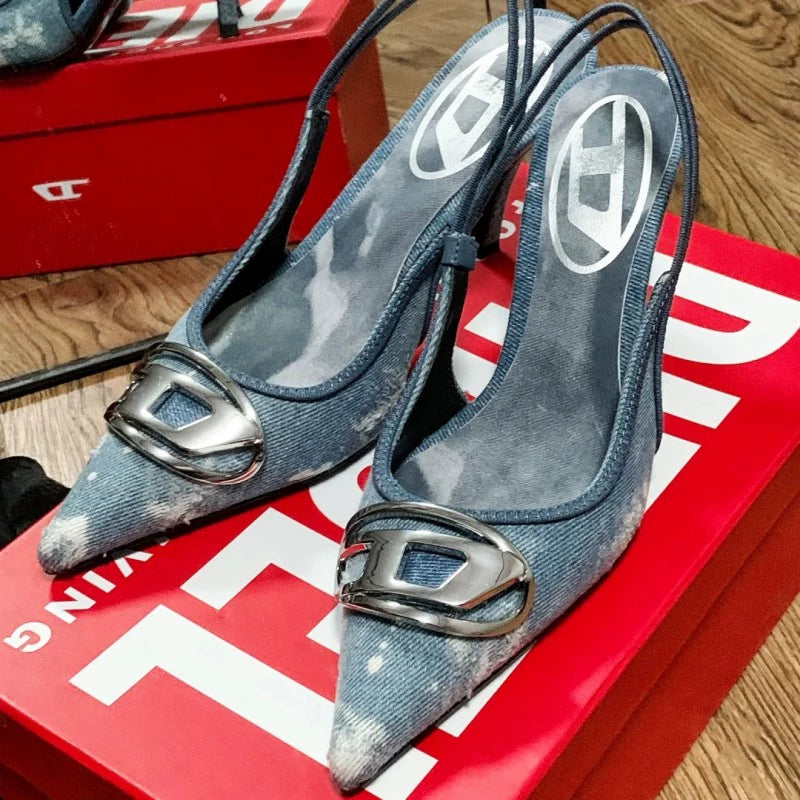 Silver High Heels 2025 New Arrival Classy Retro French Pointed Stiletto Heel Fashion Catwalk Denim Closed Toe Sandals for Women