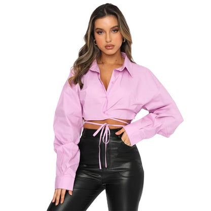 Summer New Long-Sleeved Short Loose Solid Color Cardigan Strappy Lapel Single-Breasted Urban Casual Fashion Shirt