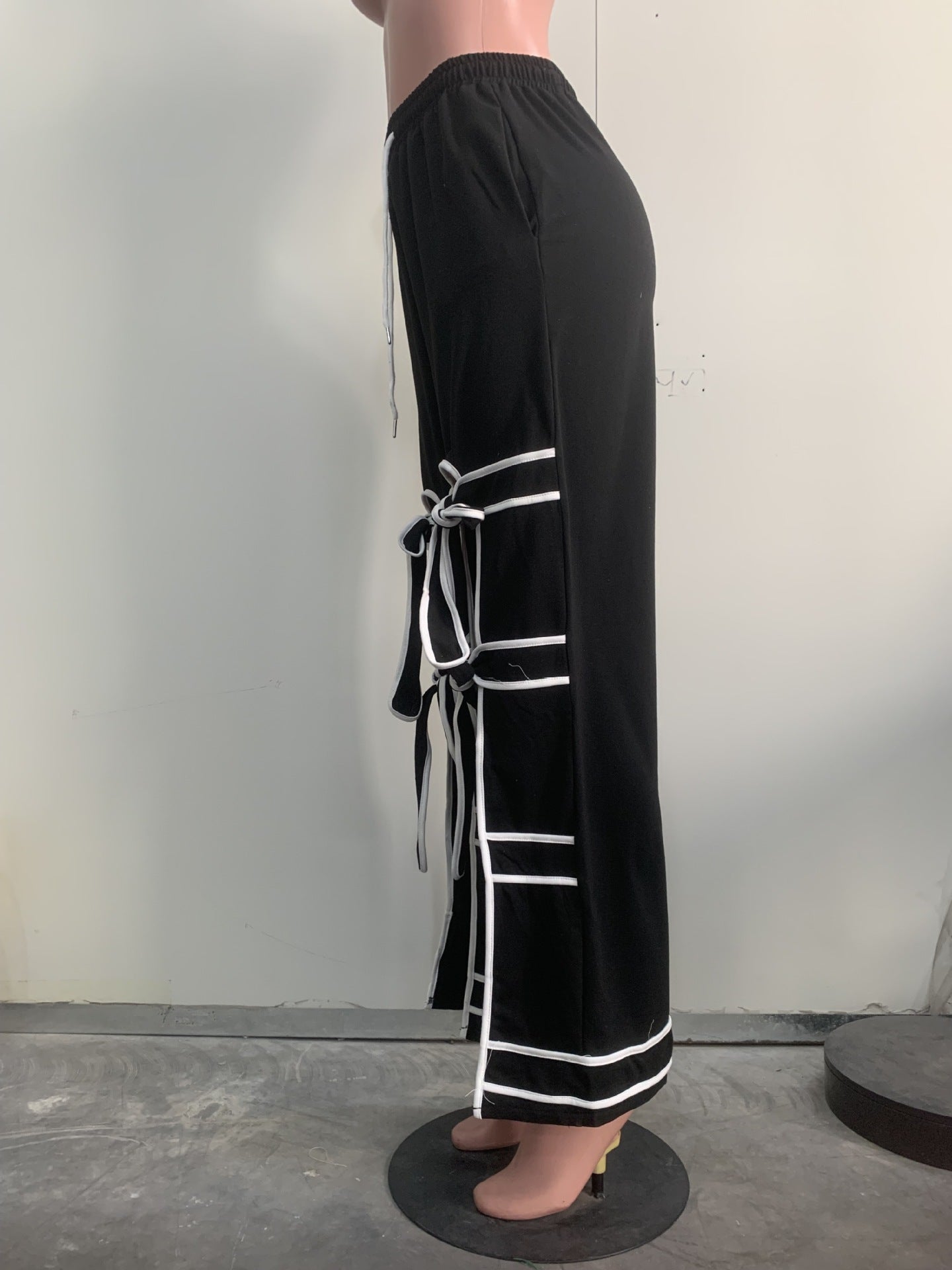 CM.YAYA Fashion Women Striped Patchwork Bowknot Split Wide Leg Jogger Pants 2025 Summer Active Sporty Classic Trousers