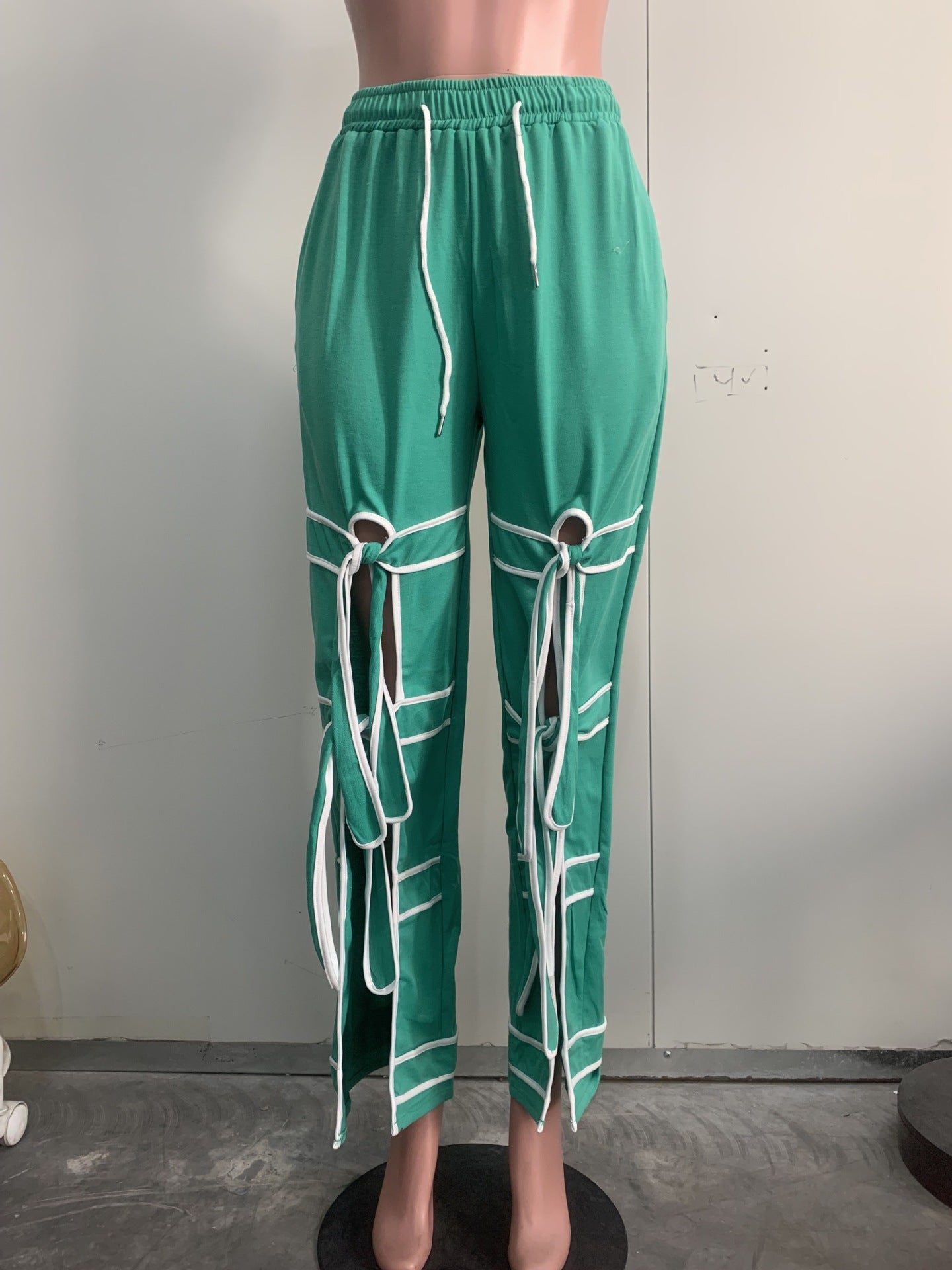 CM.YAYA Fashion Women Striped Patchwork Bowknot Split Wide Leg Jogger Pants 2025 Summer Active Sporty Classic Trousers
