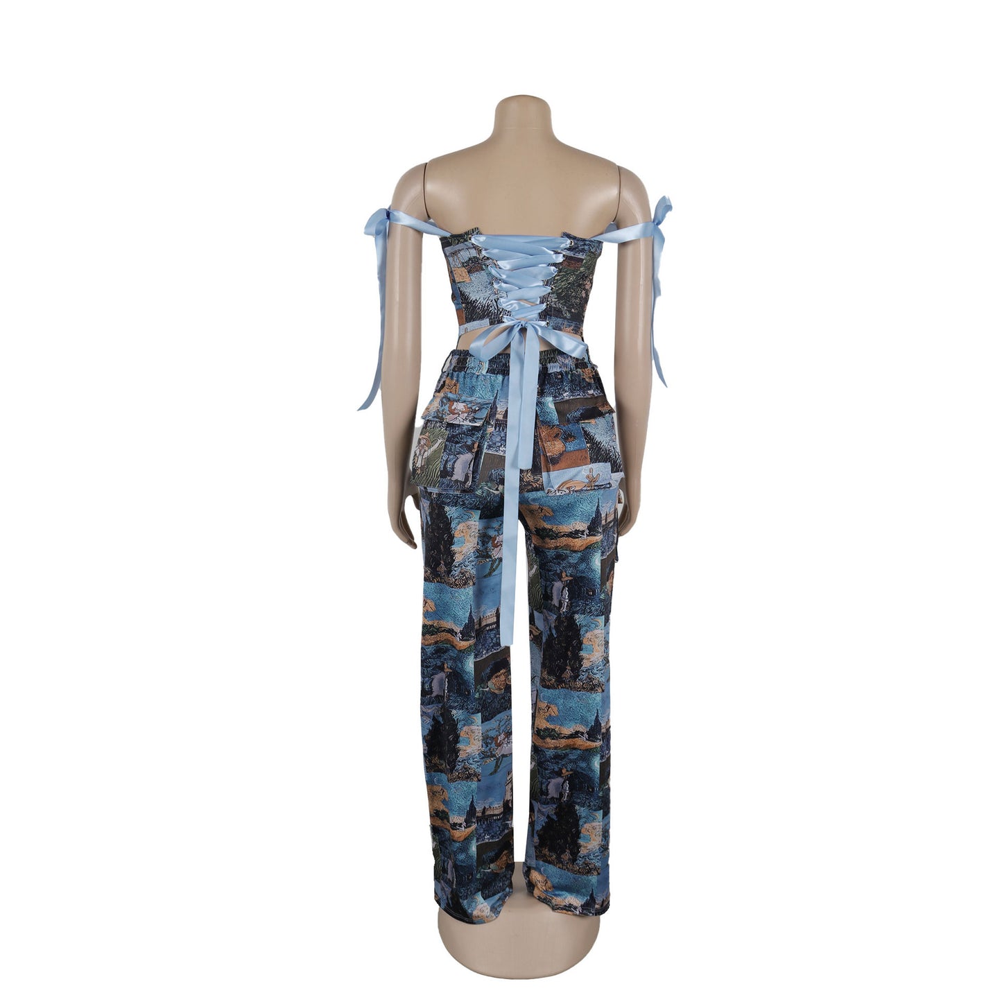 CM.YAYA Oil Painting Printed Women's Set Lace Up Back Crop Top and Pants Suit 2024 Fall Winter Two 2 Piece Sets Outfit Tracksuit