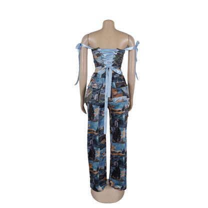 CM.YAYA Oil Painting Printed Women's Set Lace Up Back Crop Top and Pants Suit 2024 Fall Winter Two 2 Piece Sets Outfit Tracksuit