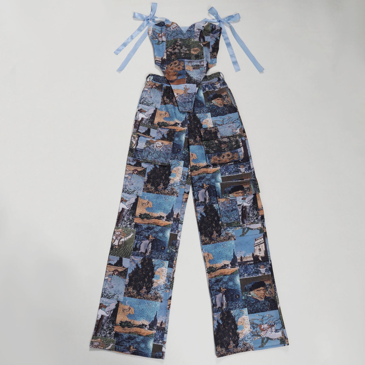 CM.YAYA Oil Painting Printed Women's Set Lace Up Back Crop Top and Pants Suit 2024 Fall Winter Two 2 Piece Sets Outfit Tracksuit