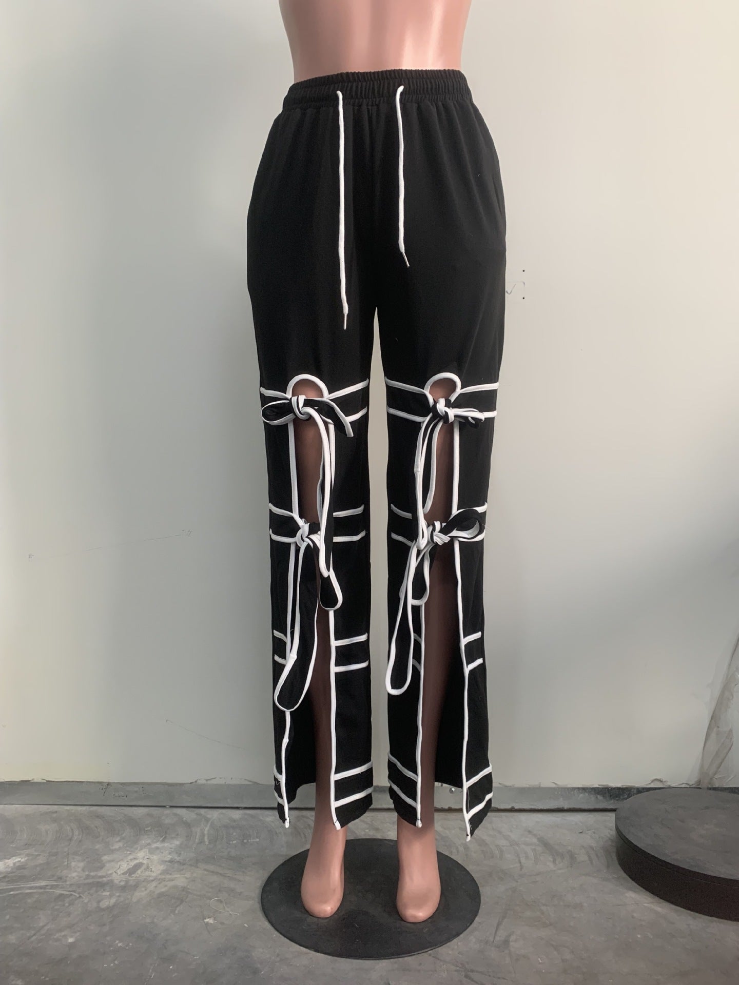 CM.YAYA Fashion Women Striped Patchwork Bowknot Split Wide Leg Jogger Pants 2025 Summer Active Sporty Classic Trousers