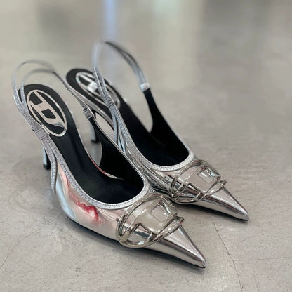 Silver High Heels 2025 New Arrival Classy Retro French Pointed Stiletto Heel Fashion Catwalk Denim Closed Toe Sandals for Women