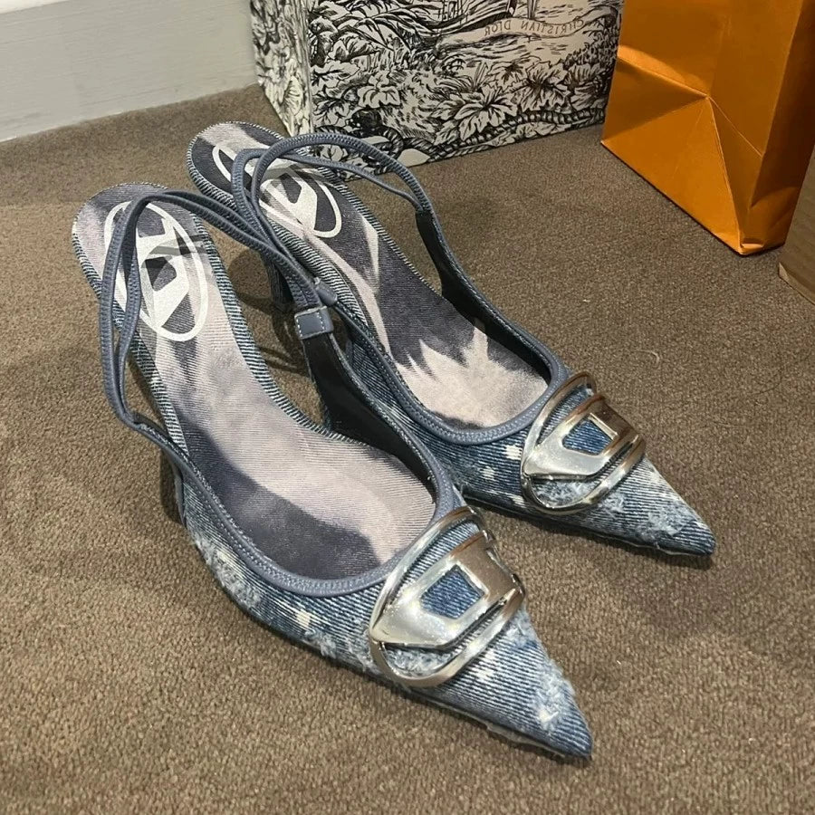 Silver High Heels 2025 New Arrival Classy Retro French Pointed Stiletto Heel Fashion Catwalk Denim Closed Toe Sandals for Women