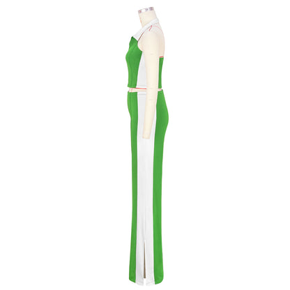CM.YAYA Sporty Patchwork Women's Set Sleeveless Polo-tank Tops and Slit Flare Pants 2025 Active Two 2 Piece Set Outfit Tracksuit