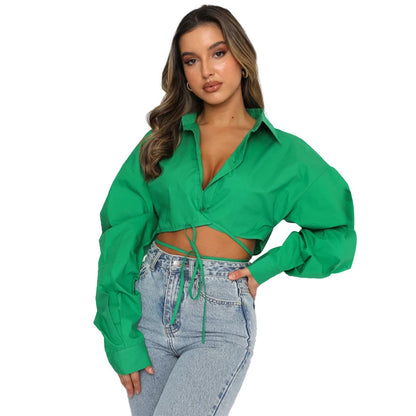 Summer New Long-Sleeved Short Loose Solid Color Cardigan Strappy Lapel Single-Breasted Urban Casual Fashion Shirt
