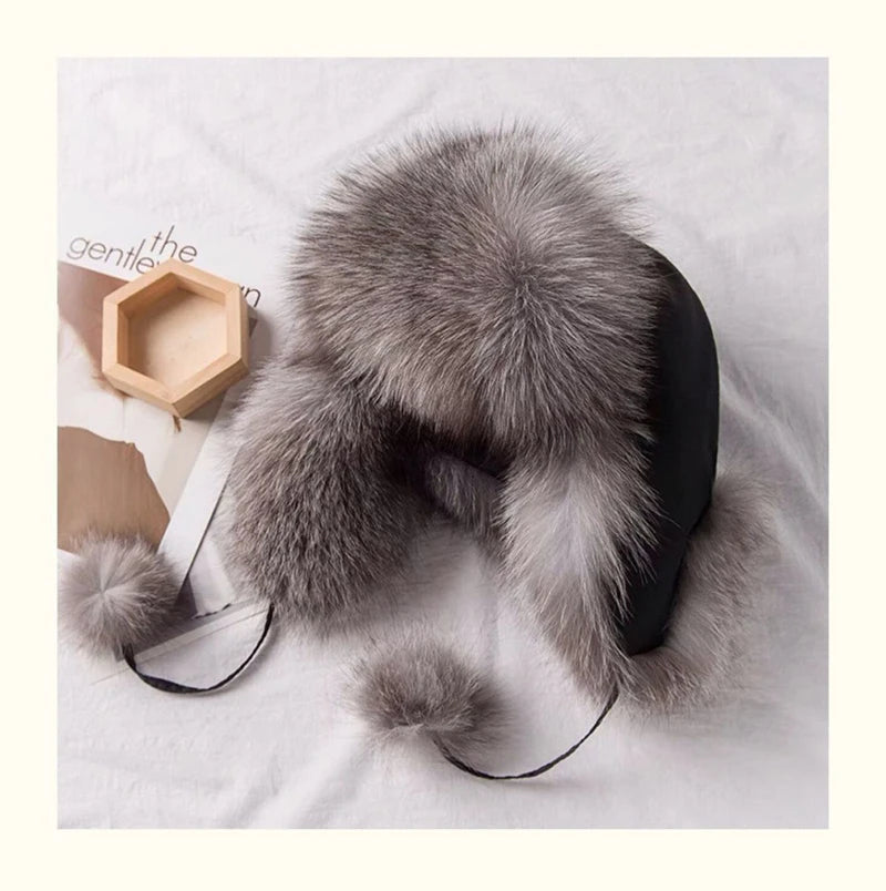 2025 100% Real Fox Fur Hats Women's Russian Ushanka Aviator Trapper Snow Skiing Hat Caps Earflap Winter Raccoon Fur Bomber Hat