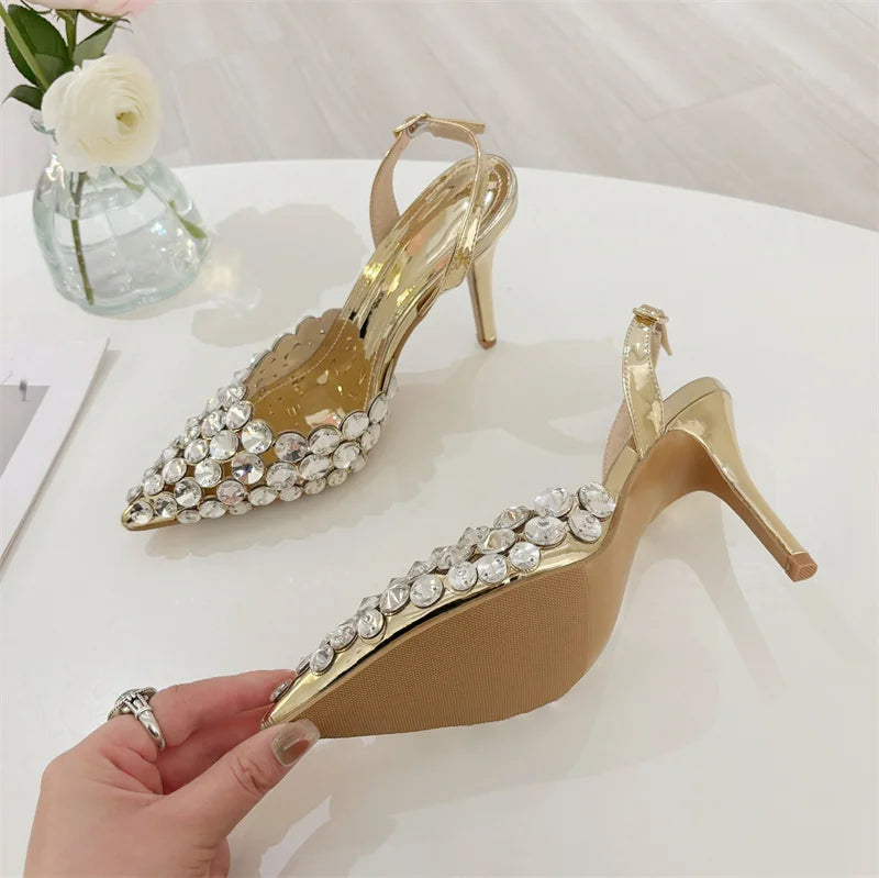 Liyke Elegant Pointed Toe Slingback Stiletto Sandals Crystal Diamonds Women Pumps High Heels Wedding Prom Shoes Zapatos Mujer