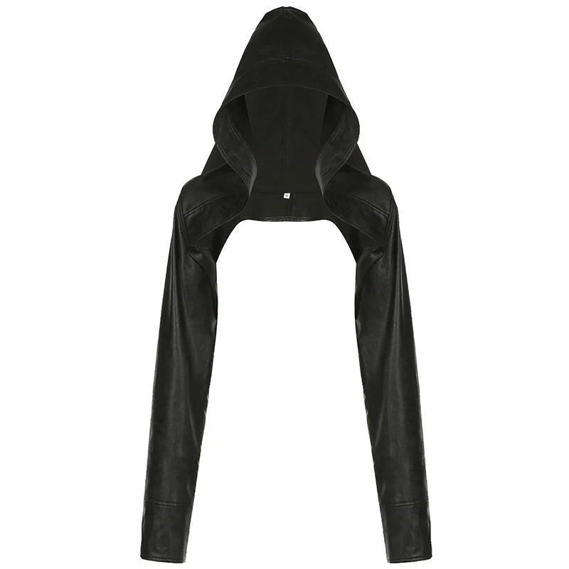 BIIKPIIK Fashion Streetwear Leather Jacket Punk Gothic Black Hooded Coat For Women Full Sleeve All-match Hot Outfit Club Vintage