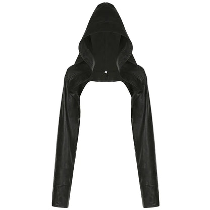 BIIKPIIK Fashion Streetwear Leather Jacket Punk Gothic Black Hooded Coat For Women Full Sleeve All-match Hot Outfit Club Vintage