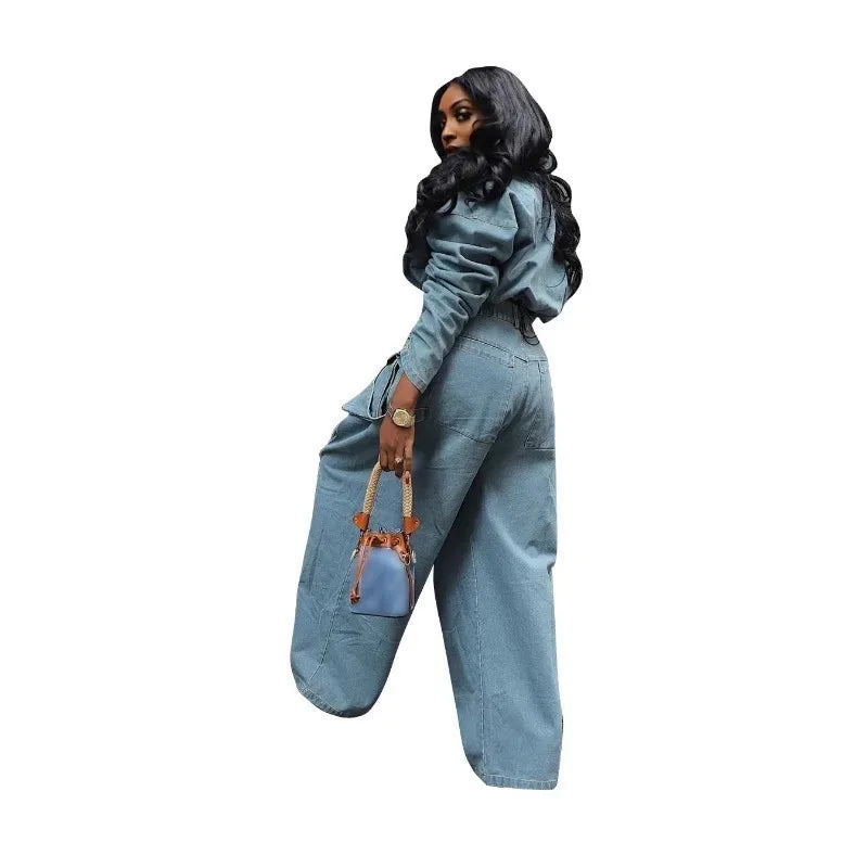 Casual Loose Denim Two Piece Set for Women Streetwear 2023 Autumn Zipper High Collar Crop Top Elastic Waist Wide Leg Cargo Pants