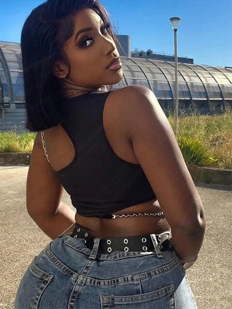 High Street Grunge Chain Cut Out Crop Top Women Summer Y2K Clothes Solid Black Asymmetrical Neck Sleeveless Tank Top Streetwear
