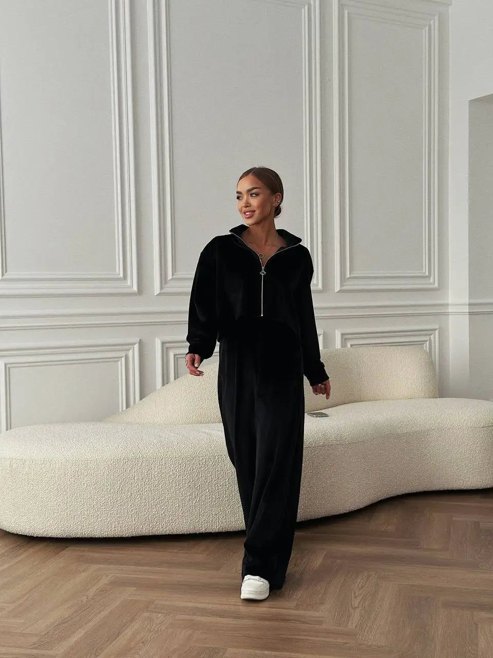 Autumn And Winter Long-sleeved Zipper Lapel Jacket Elastic Waist Wideleg Trousers Velvet Casual Two-Piece Suit For Office Ladies