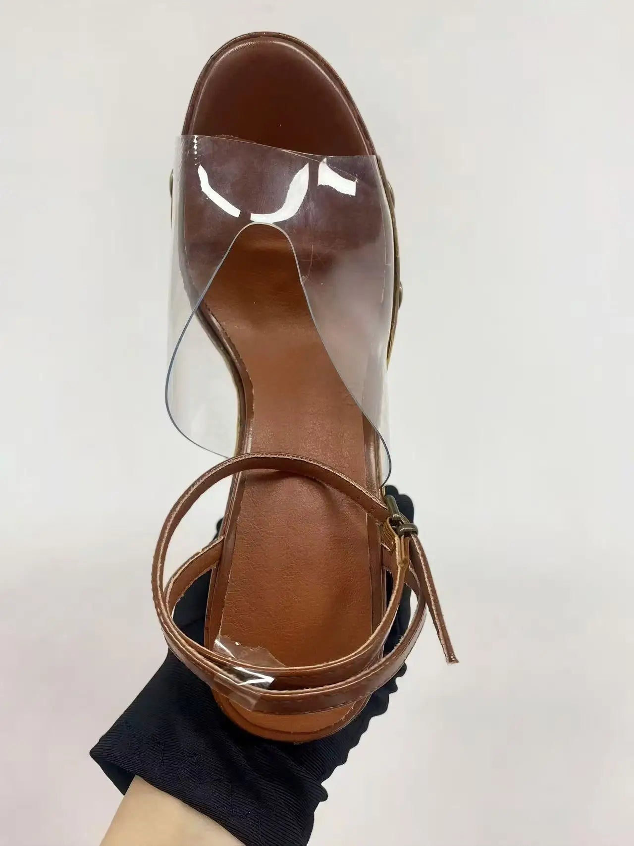 Large Rivets Embedded PVC Strap Women’s Sandals Peep Toe Wedges Super High Heels Tall Platform Sandales à Talons Heighten Shoes