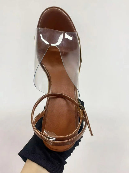 Large Rivets Embedded PVC Strap Women’s Sandals Peep Toe Wedges Super High Heels Tall Platform Sandales à Talons Heighten Shoes