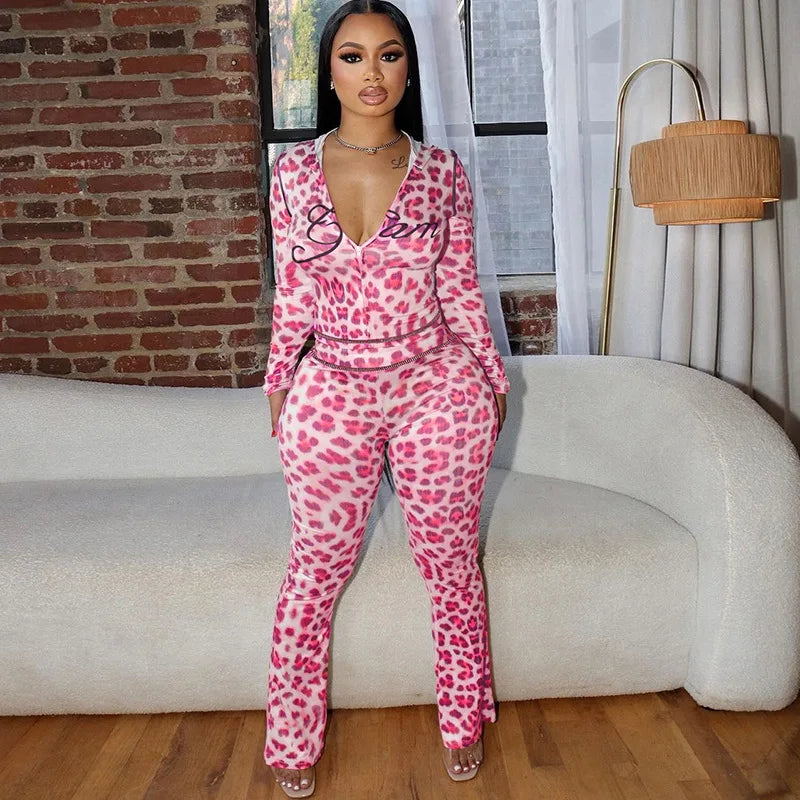 FAGADOER Sexy Leopard Print 2 Piece Sets Women Outfit Long Sleeve Zipper Hooded Crop Jacket + Flare Pants Suits Female Clothing