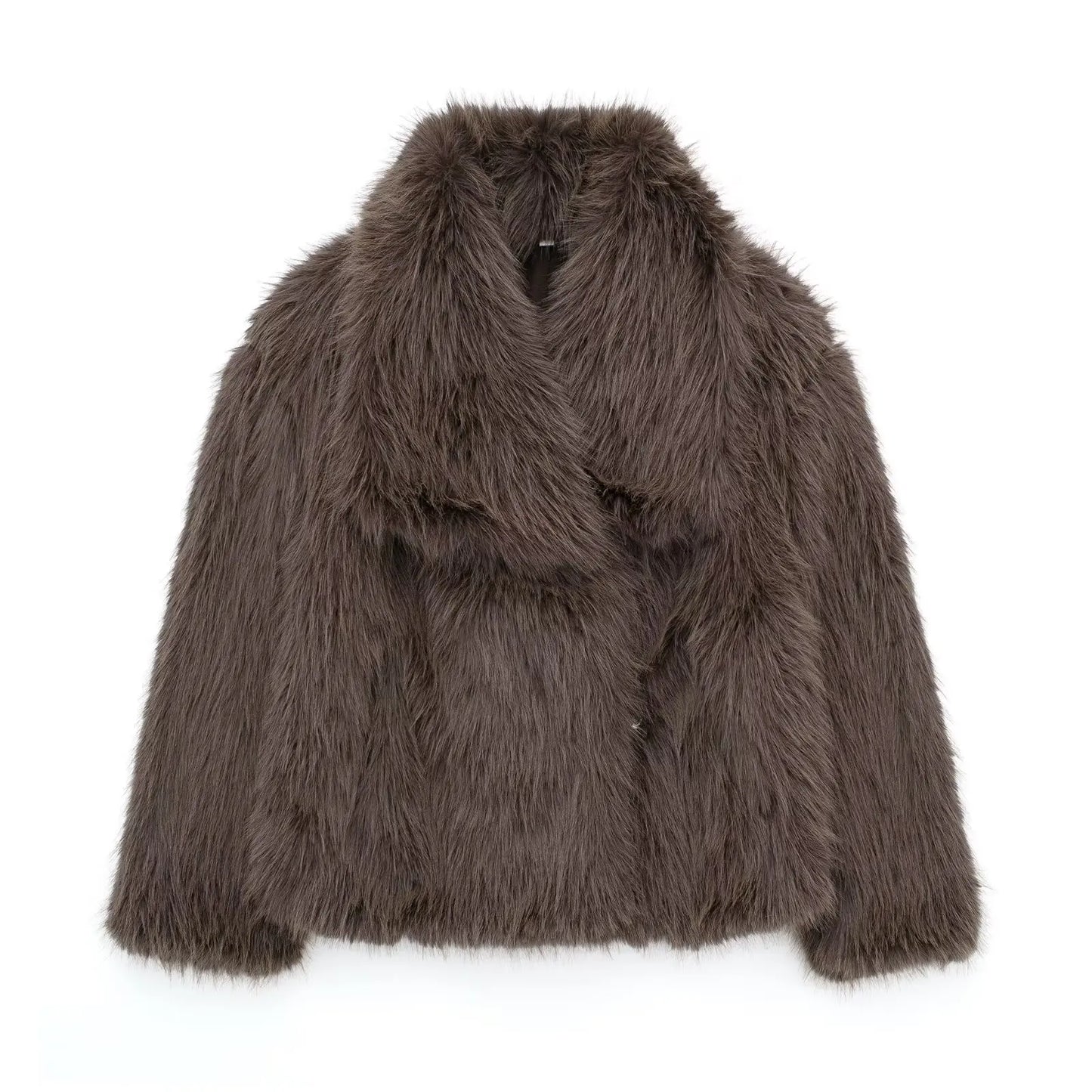 TRAFZA Female Vintage Artificial Fur Effect Coats Lapel Warm Plush Long Sleeves Hidden Buttons Autumn Winter Casual Outerwear