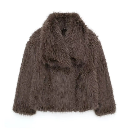TRAFZA Female Vintage Artificial Fur Effect Coats Lapel Warm Plush Long Sleeves Hidden Buttons Autumn Winter Casual Outerwear