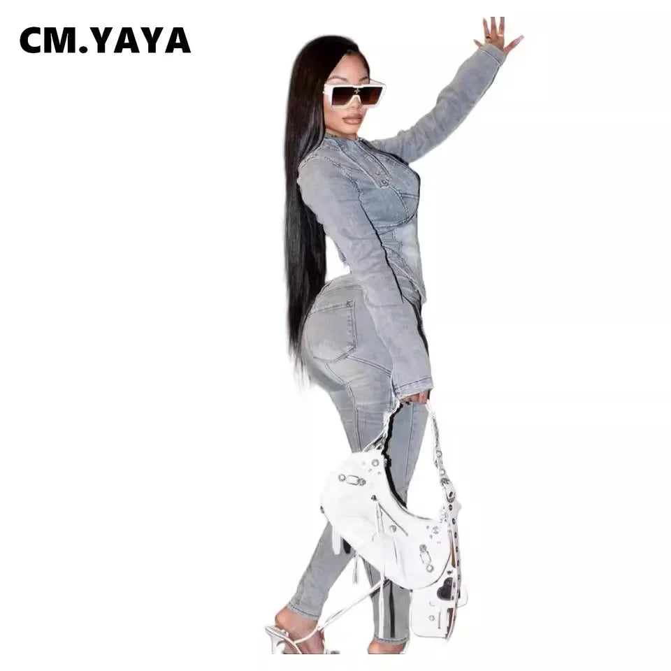 CM.YAYA Fashion Denim Women's Set Full Sleeve V-neck Jacket +Jeans Pants 2024 Fall Streetwear Two 2 Piece Sets Outfit Tracksuit