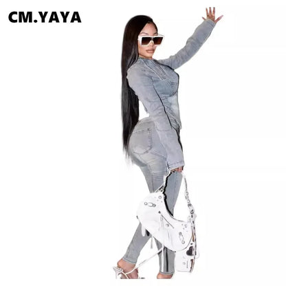 CM.YAYA Fashion Denim Women's Set Full Sleeve V-neck Jacket +Jeans Pants 2024 Fall Streetwear Two 2 Piece Sets Outfit Tracksuit